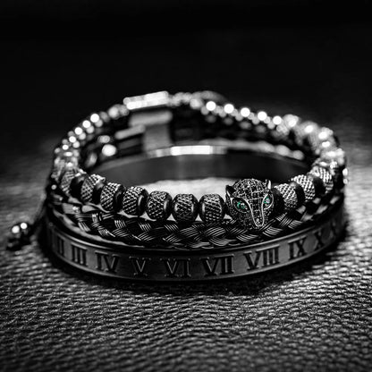 Oscar Panther Head Jeweled Cuff Bracelet Set | Textured Braided Beaded Bracelet