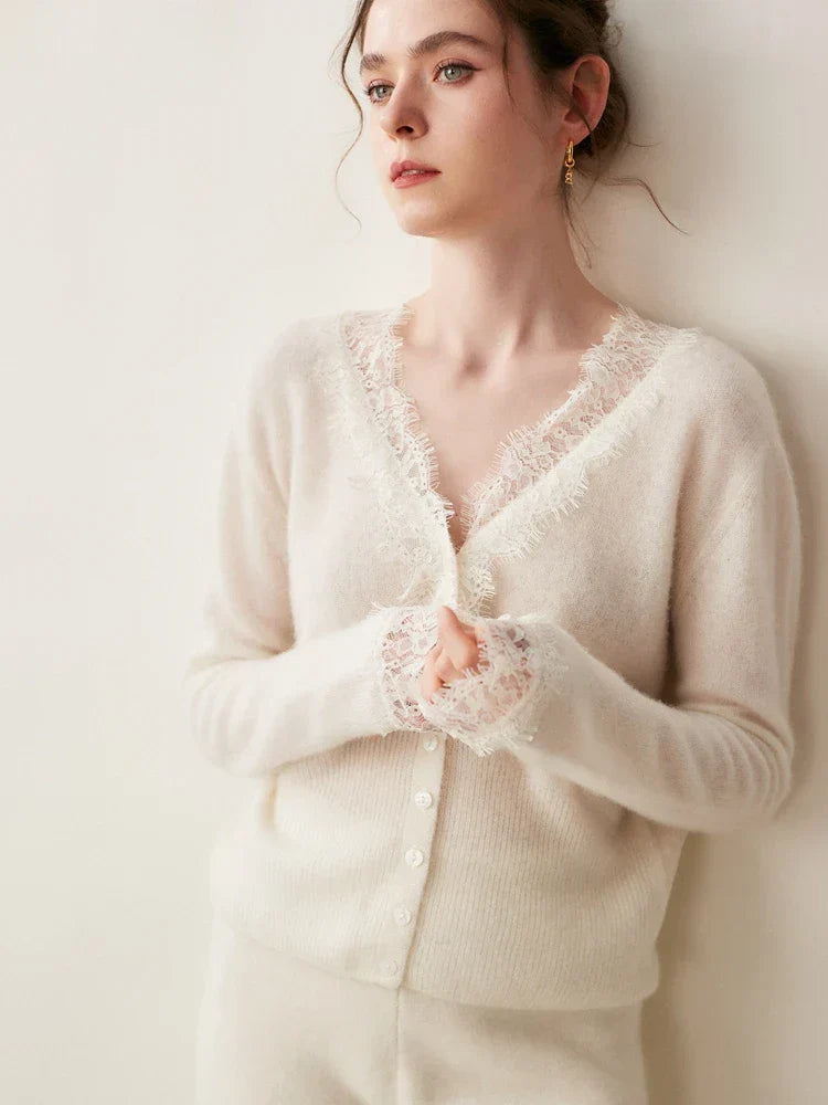 Rosie Fitted Cardigan | Lace Trim Button Front Cardigan