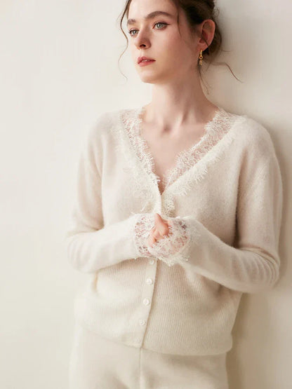 Rosie Fitted Cardigan | Lace Trim Button Front Cardigan