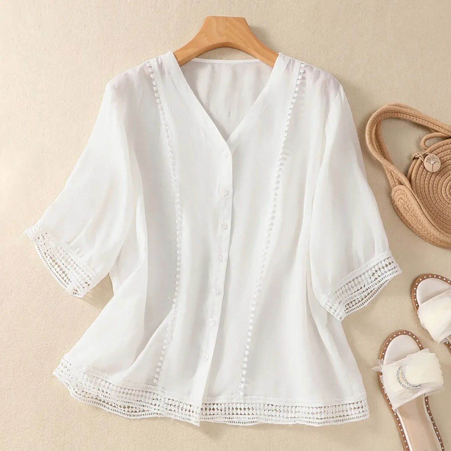 Marabel Relaxed Button-Up Blouse with Lace Trim Details
