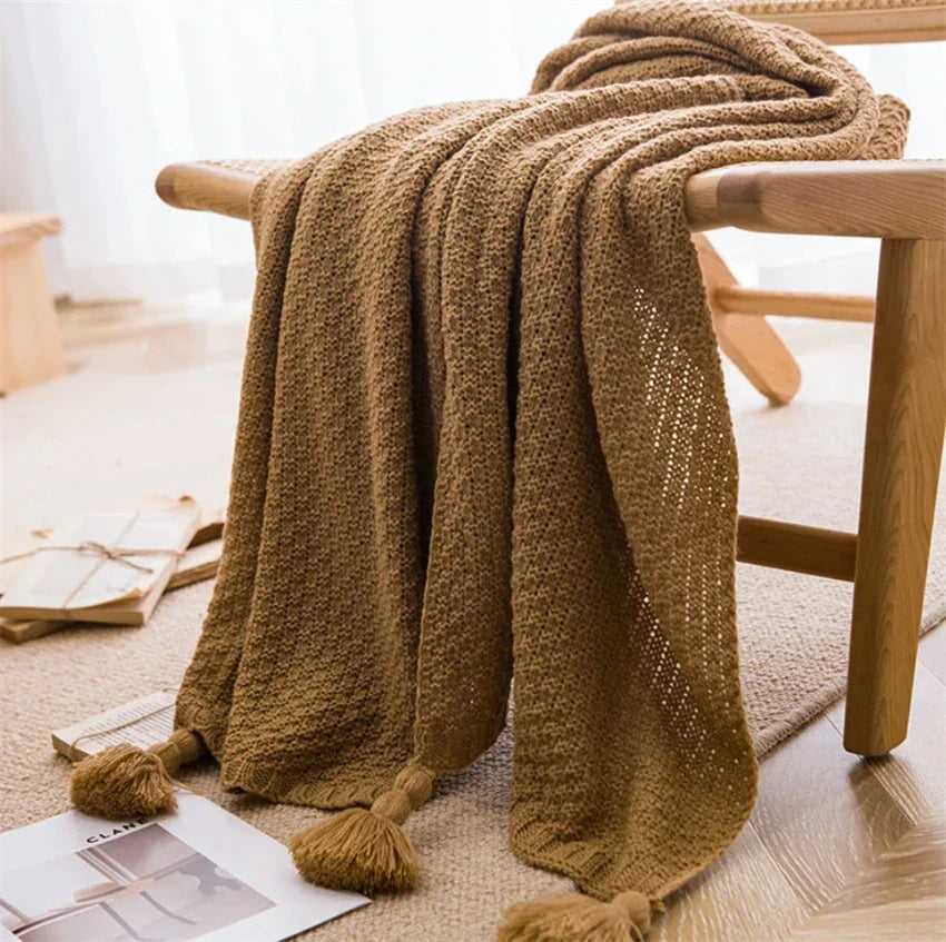 Scandinavian Bamboo Knit Throw Blanket With Tasseled Edges