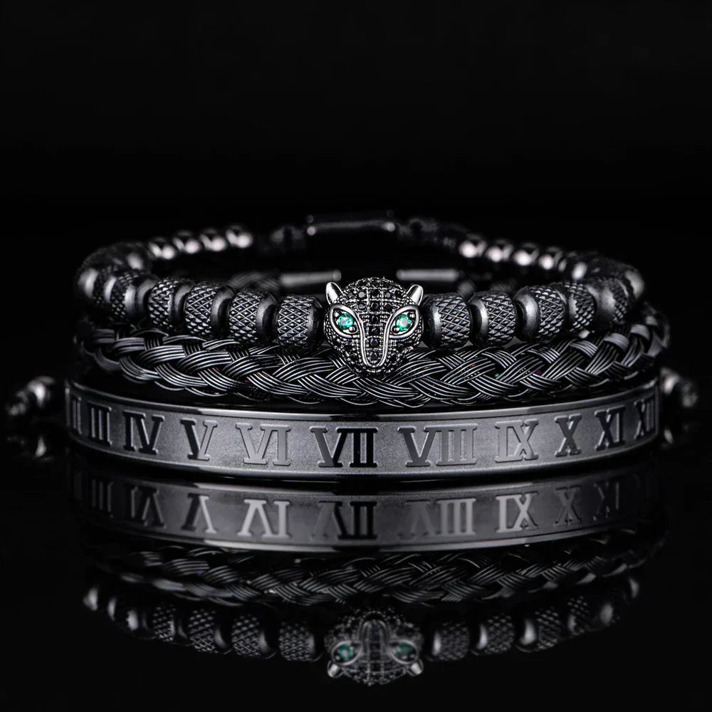 Oscar Panther Head Jeweled Cuff Bracelet Set | Textured Braided Beaded Bracelet