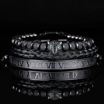 Oscar Panther Head Jeweled Cuff Bracelet Set | Textured Braided Beaded Bracelet