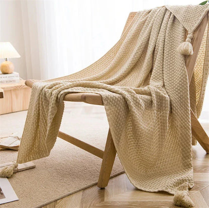 Scandinavian Bamboo Knit Throw Blanket With Tasseled Edges
