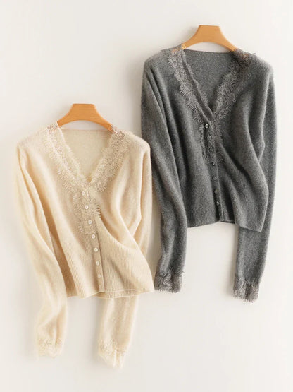 Rosie Fitted Cardigan | Lace Trim Button Front Cardigan