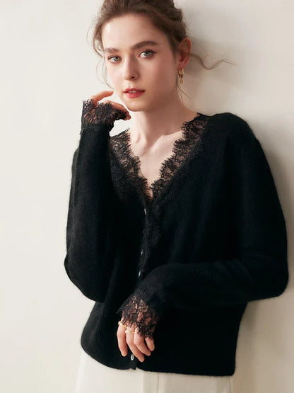 Rosie Fitted Cardigan | Lace Trim Button Front Cardigan