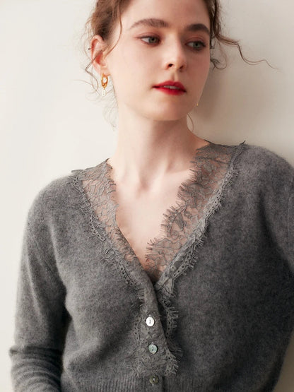 Rosie Fitted Cardigan | Lace Trim Button Front Cardigan