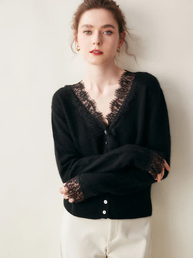 Rosie Fitted Cardigan | Lace Trim Button Front Cardigan