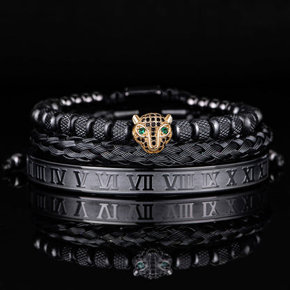 Oscar Panther Head Jeweled Cuff Bracelet Set | Textured Braided Beaded Bracelet