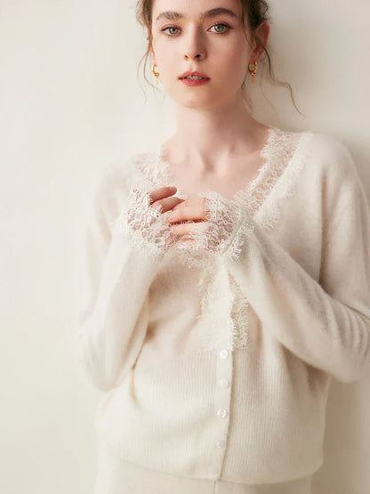 Rosie Fitted Cardigan | Lace Trim Button Front Cardigan