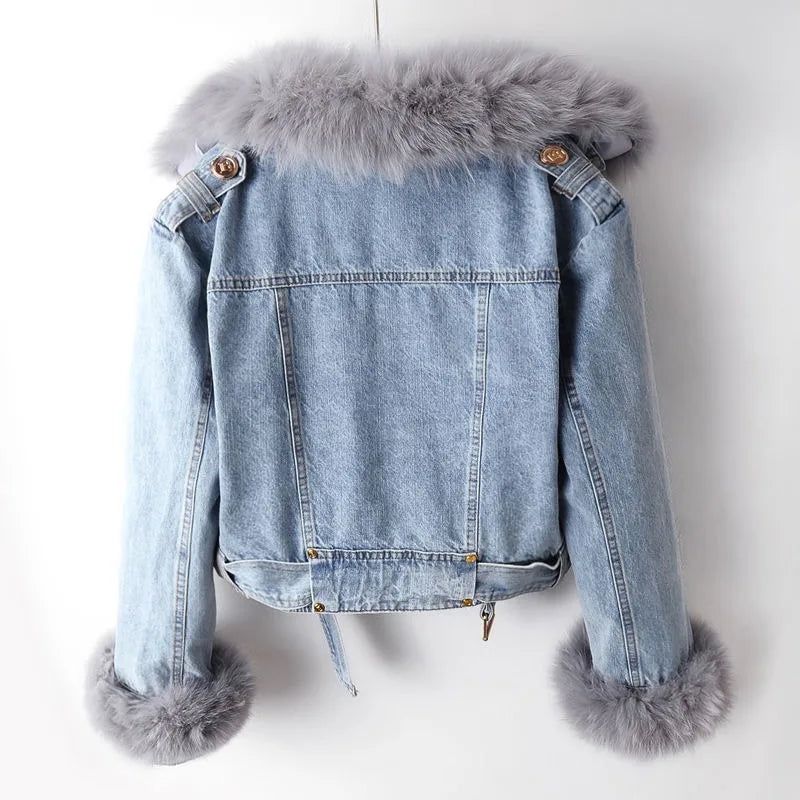Siena Fox Fur Trim Lined Biker Jacket | Belted Hip-Length Jacket
