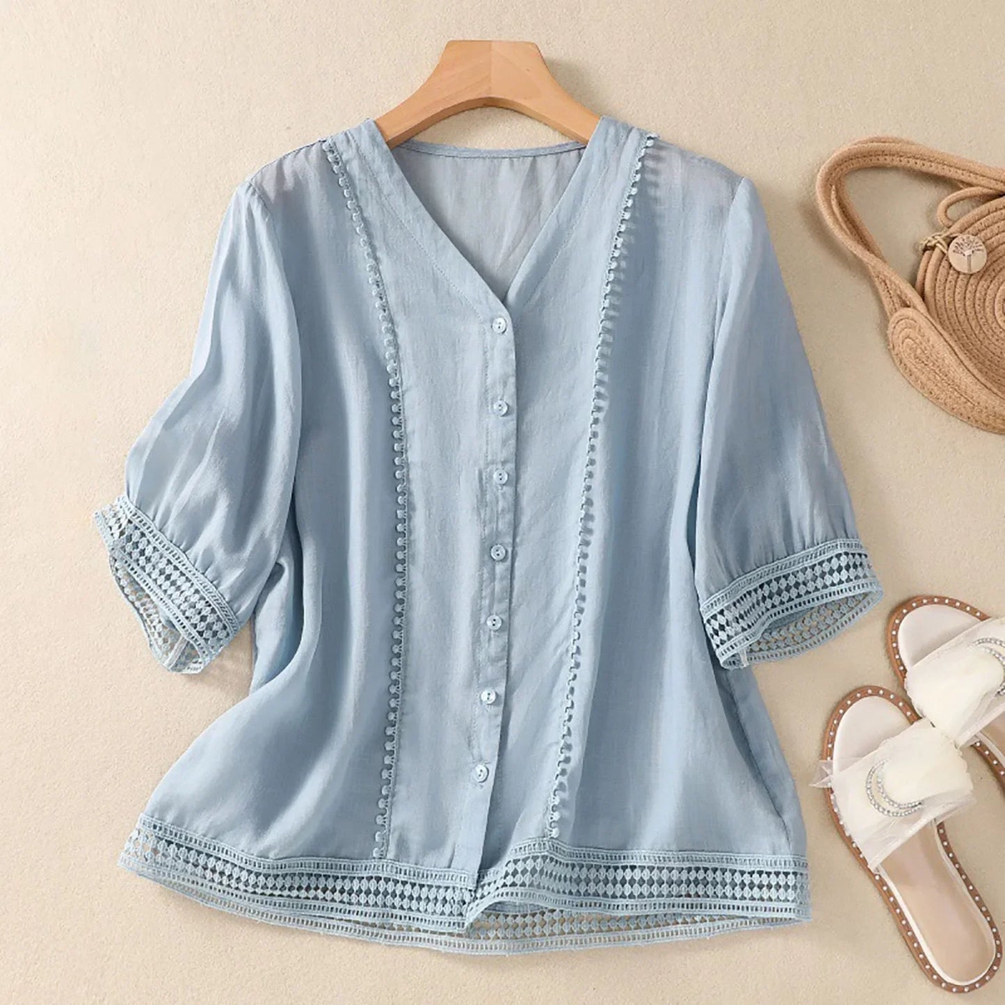 Marabel Relaxed Button-Up Blouse with Lace Trim Details