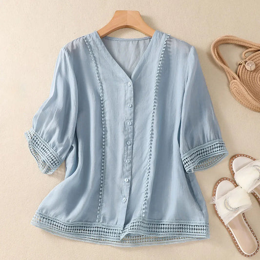 Marabel Relaxed Button-Up Blouse with Lace Trim Details