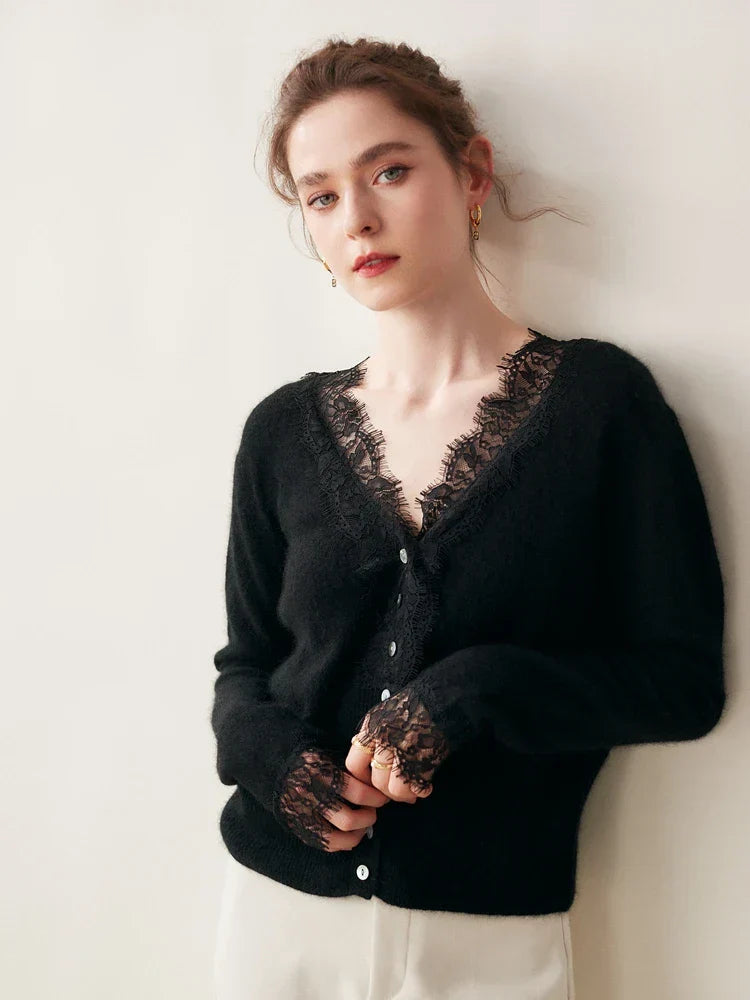 Rosie Fitted Cardigan | Lace Trim Button Front Cardigan