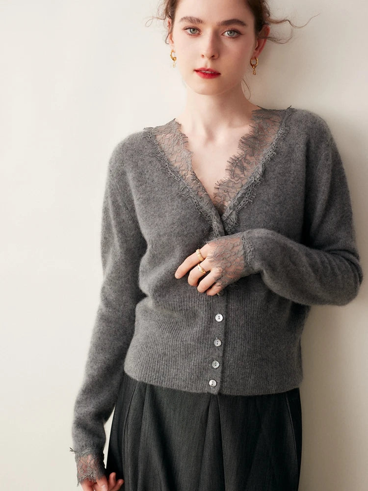 Rosie Fitted Cardigan | Lace Trim Button Front Cardigan