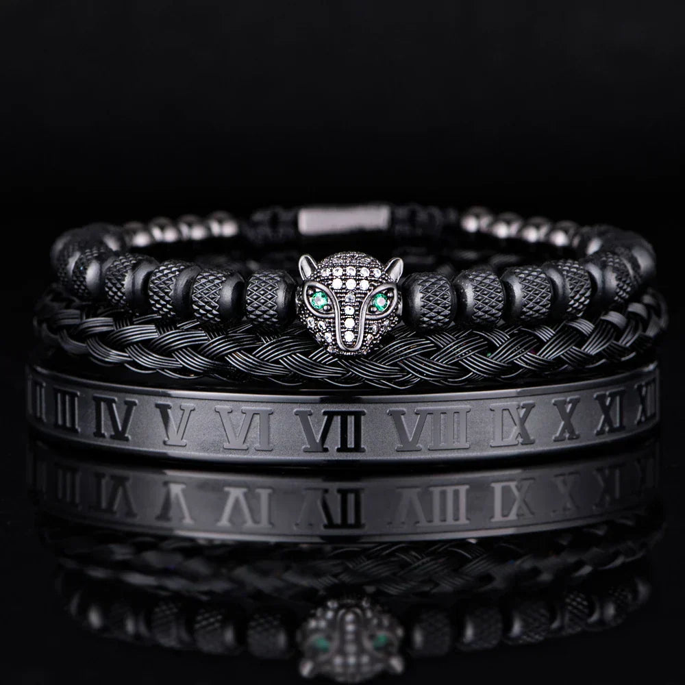Oscar Panther Head Jeweled Cuff Bracelet Set | Textured Braided Beaded Bracelet