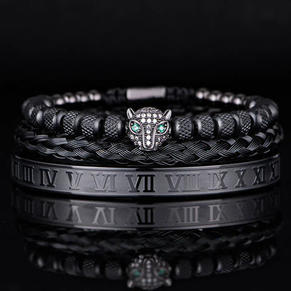 Oscar Panther Head Jeweled Cuff Bracelet Set | Textured Braided Beaded Bracelet