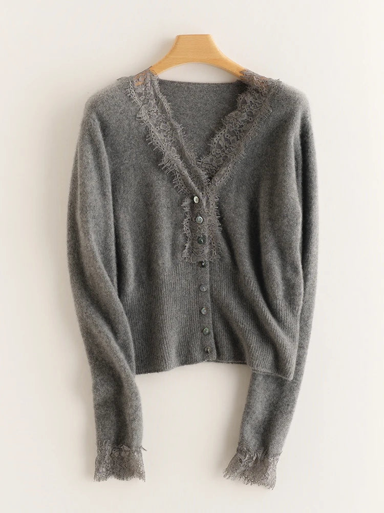 Rosie Fitted Cardigan | Lace Trim Button Front Cardigan