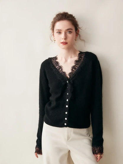 Rosie Fitted Cardigan | Lace Trim Button Front Cardigan
