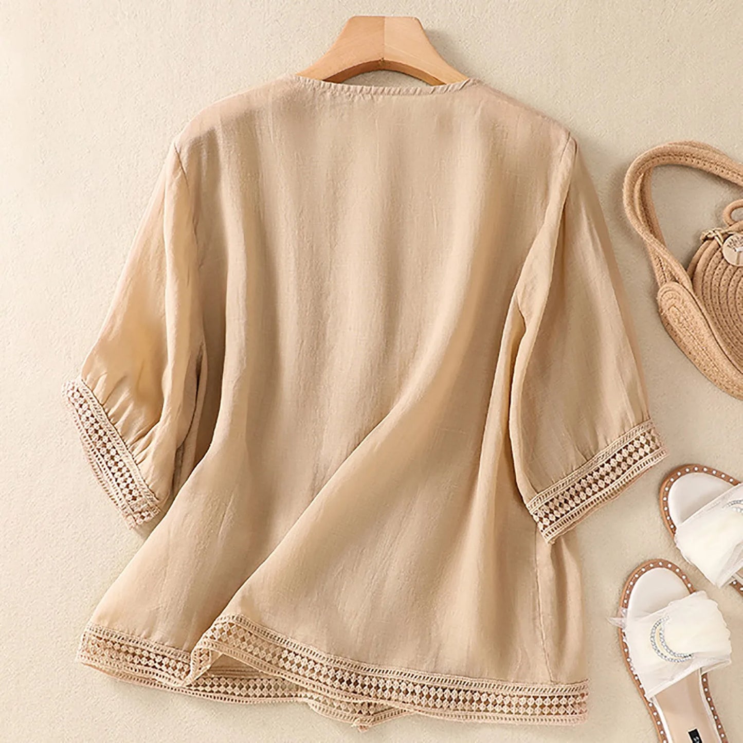 Marabel Relaxed Button-Up Blouse with Lace Trim Details