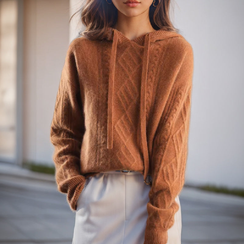 Isabella Cable Knit Hooded Sweater | Relaxed Fit Drawstring Sweater
