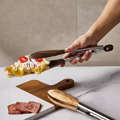 Modern Wood Handle Cooking Tongs With Stainless Steel Body