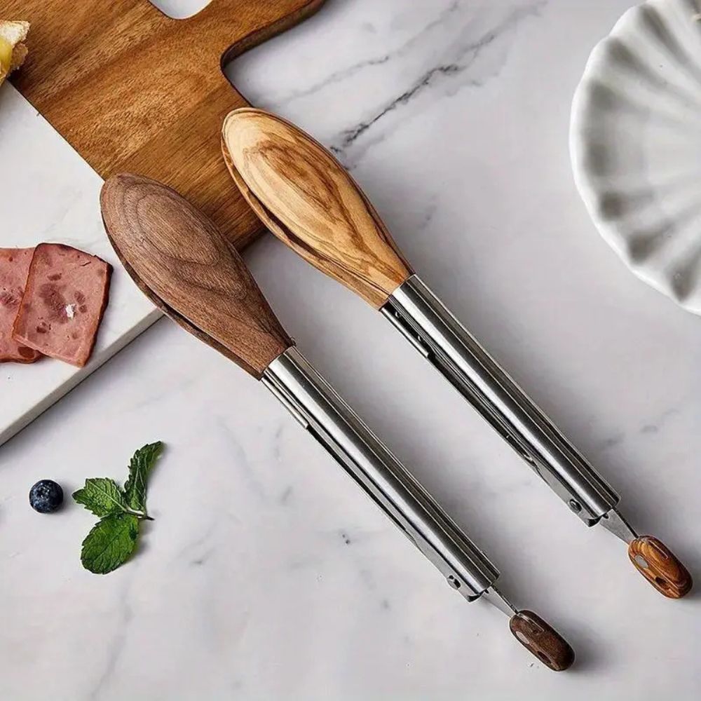 Modern Wood Handle Cooking Tongs With Stainless Steel Body
