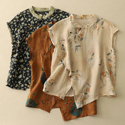 Luxurious Vintage-Inspired Blouse with Mandarin Collar and Asymmetrical Wrap Front