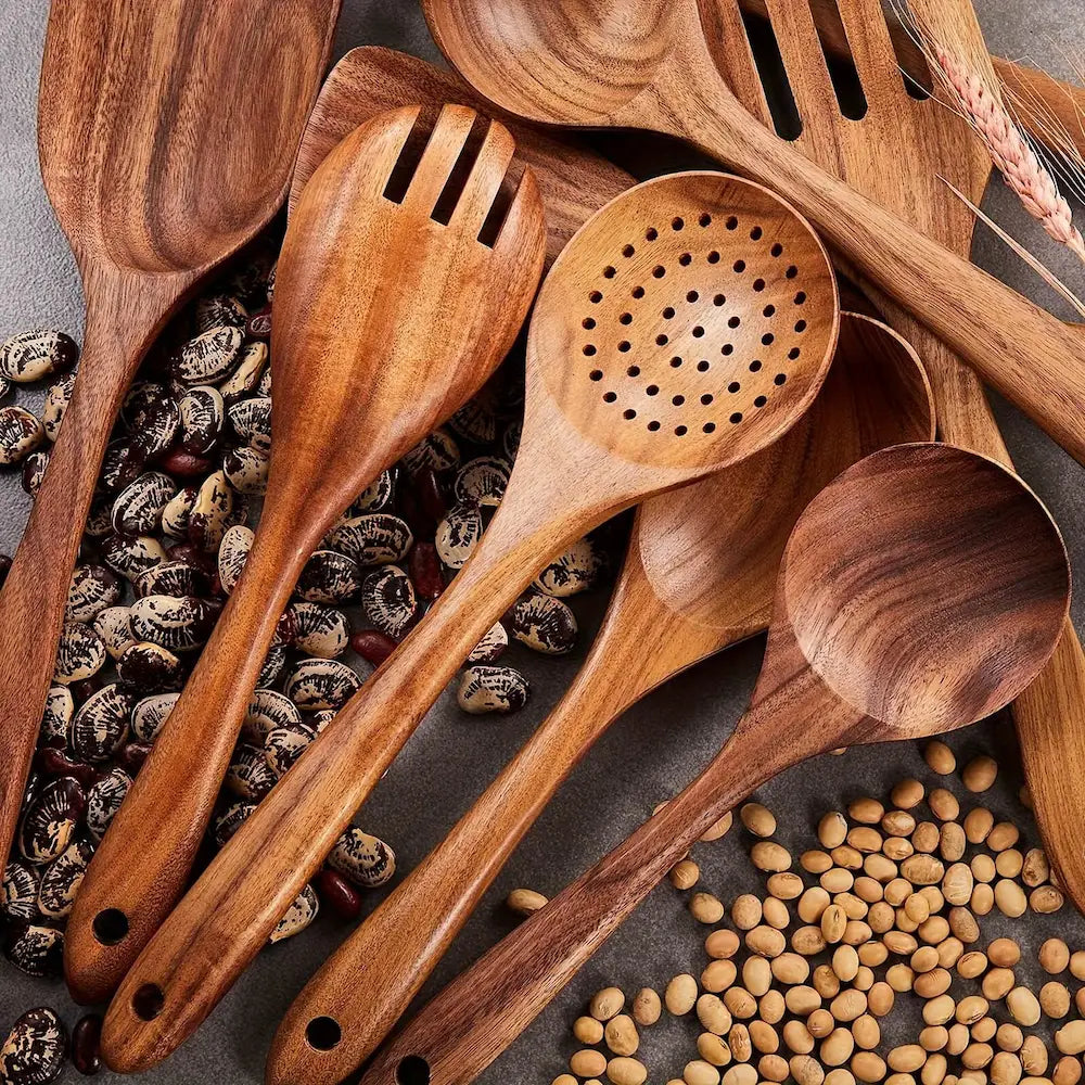 Rustic Wooden Kitchen Utensil Set with Holder