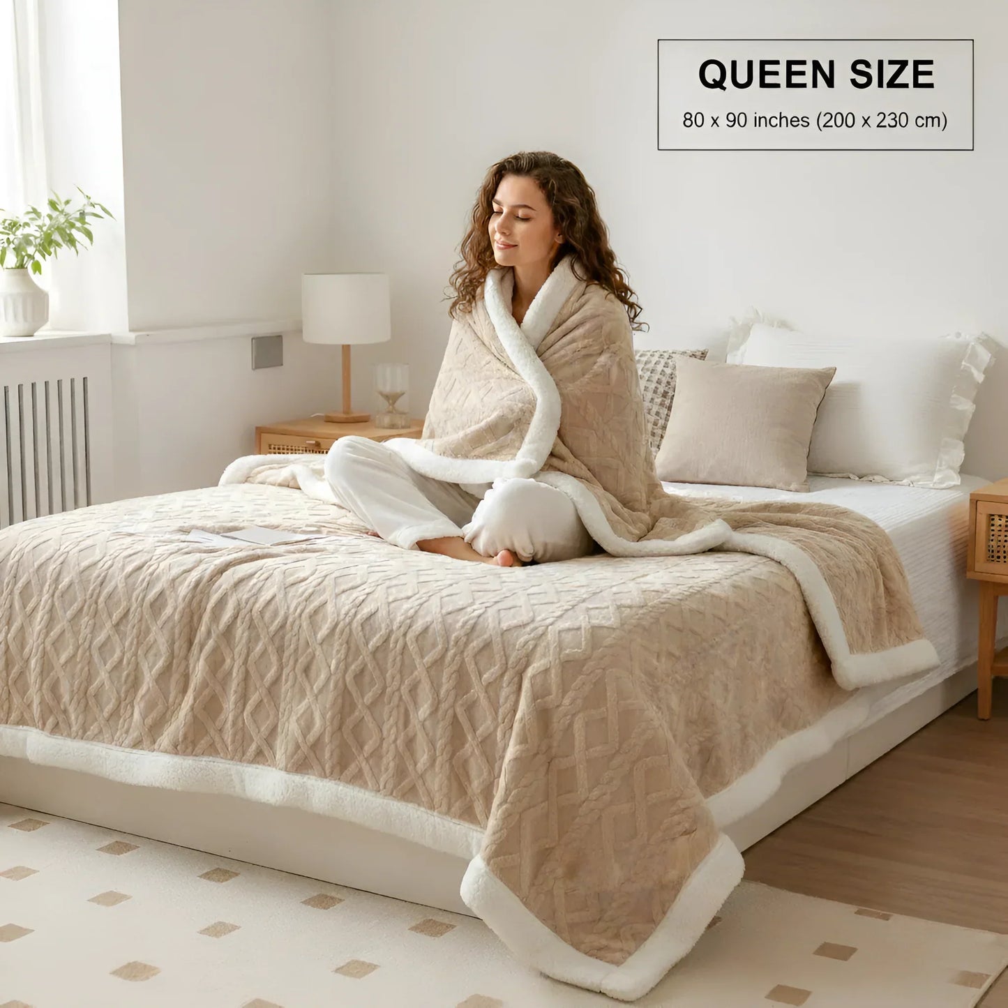 Contemporary Sherpa Throw Blanket with Diamond Texture